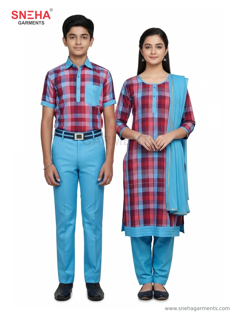 Check Plaid & Sky Blue Punjabi Kurta Salwar