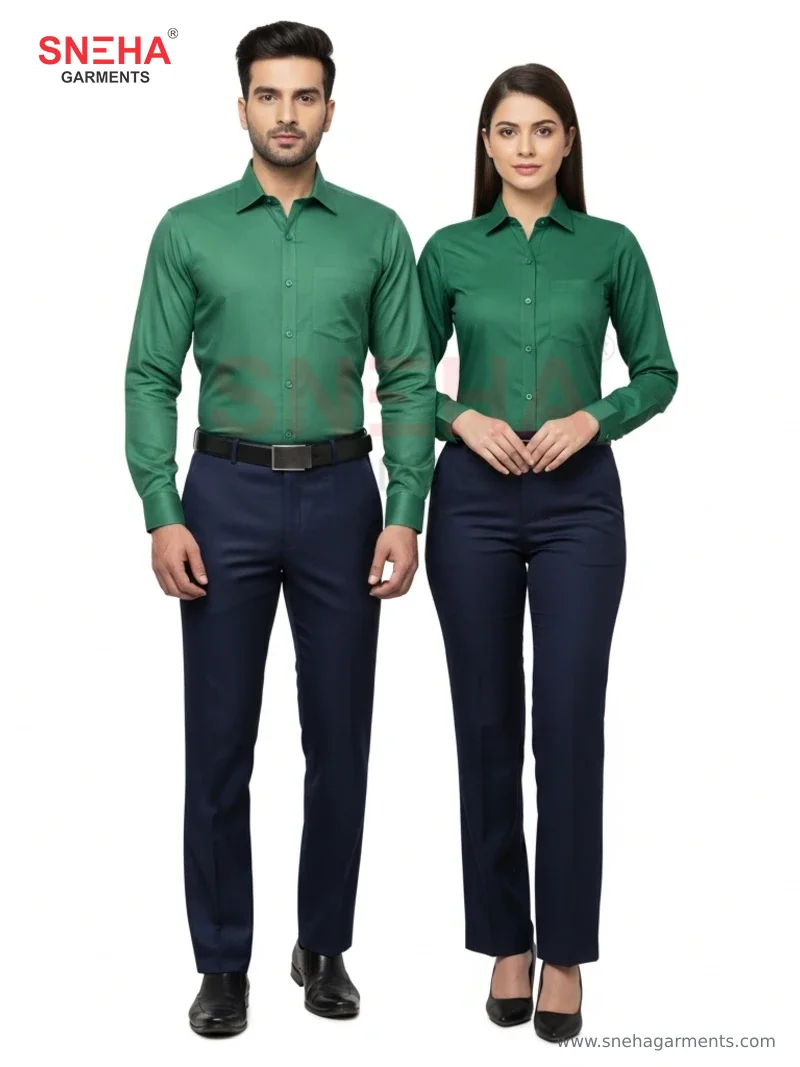 Green Shirt & Navy Trousers