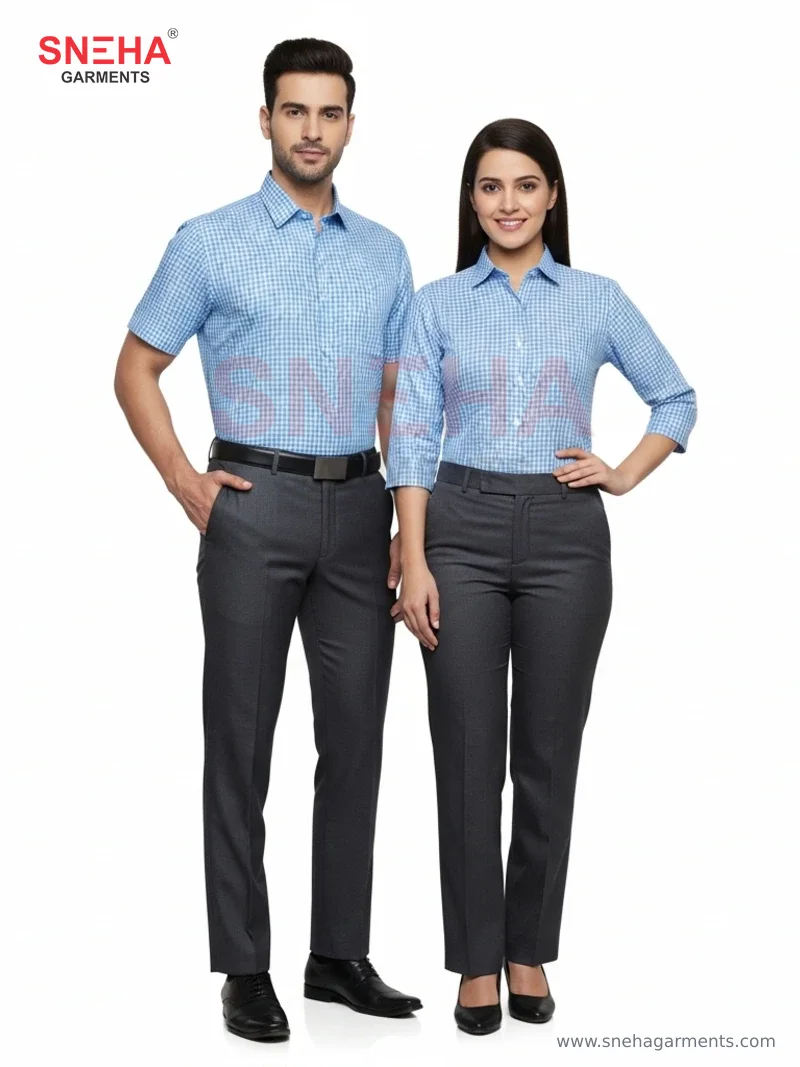 Sky Blue Checks & Dark Gray Half Sleeve Shirt Uniform