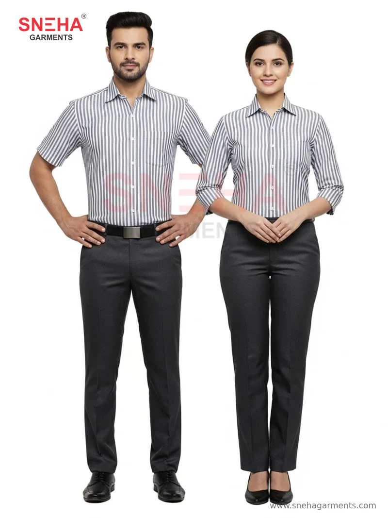 White & Dark Gray Striped Half Sleeve Shirt Uniform