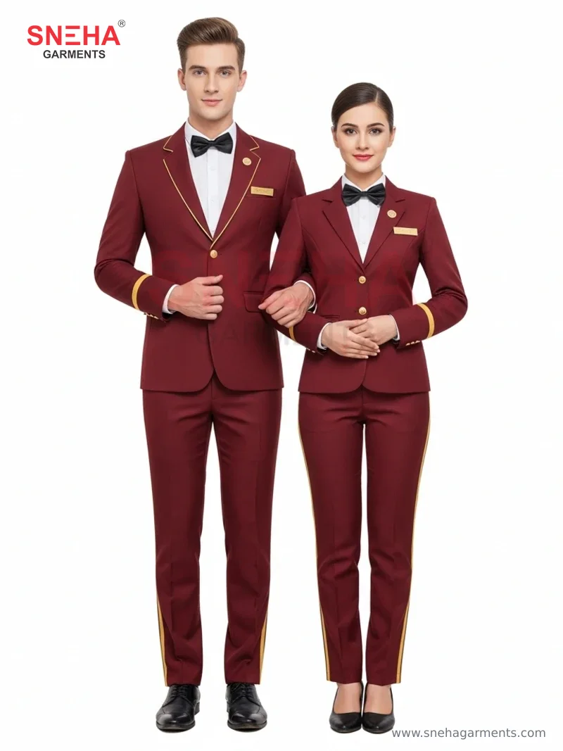Hotel Lobby Attendant Maroon Suit