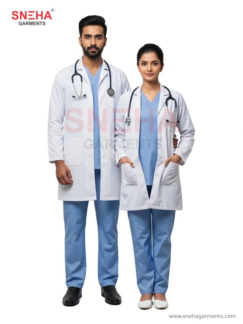 Doctor White Lab Coat with Light Blue Scrubs