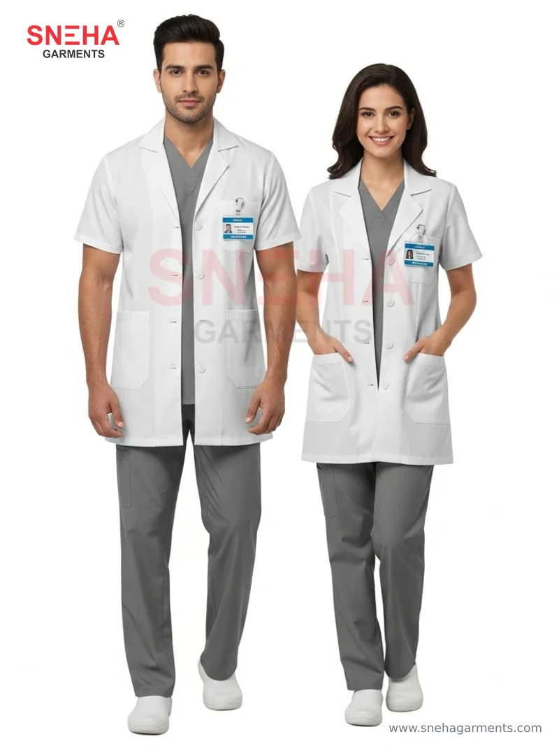 Short Half Sleeve White Coat with Grey Scrubs Uniform
