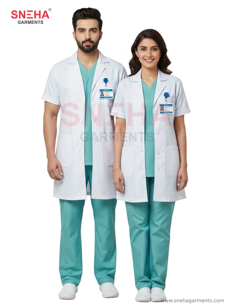 White Half Sleeve Coat with Teal Scrubs Uniform