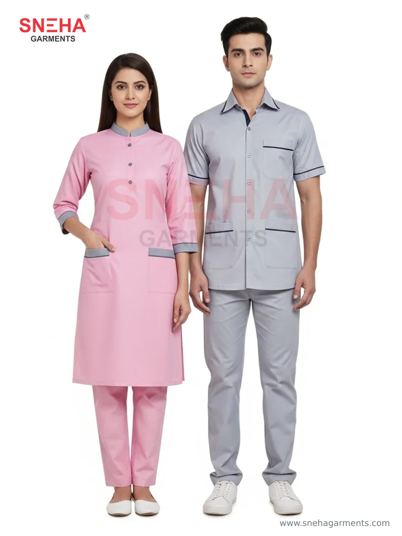 Nurse Long Tunic & Ward Boy Set – Pink with Grey Trim