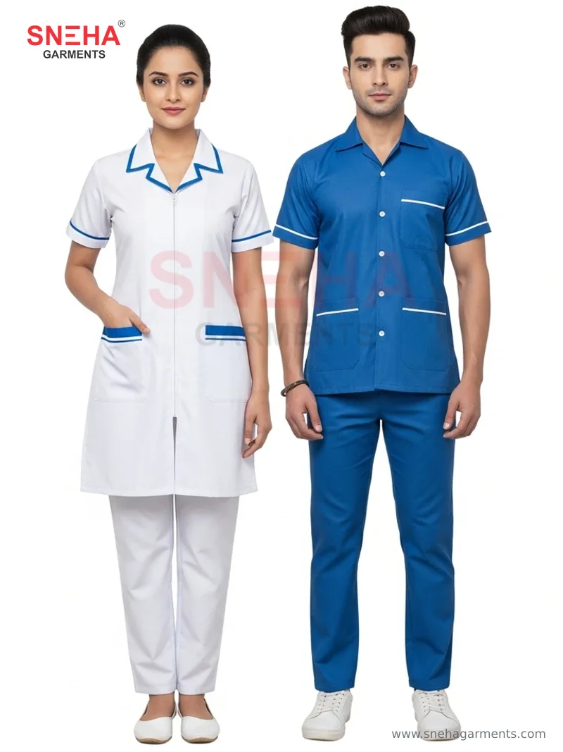 Nurse Zip Kurti & Ward Boy Set – White & Royal Blue